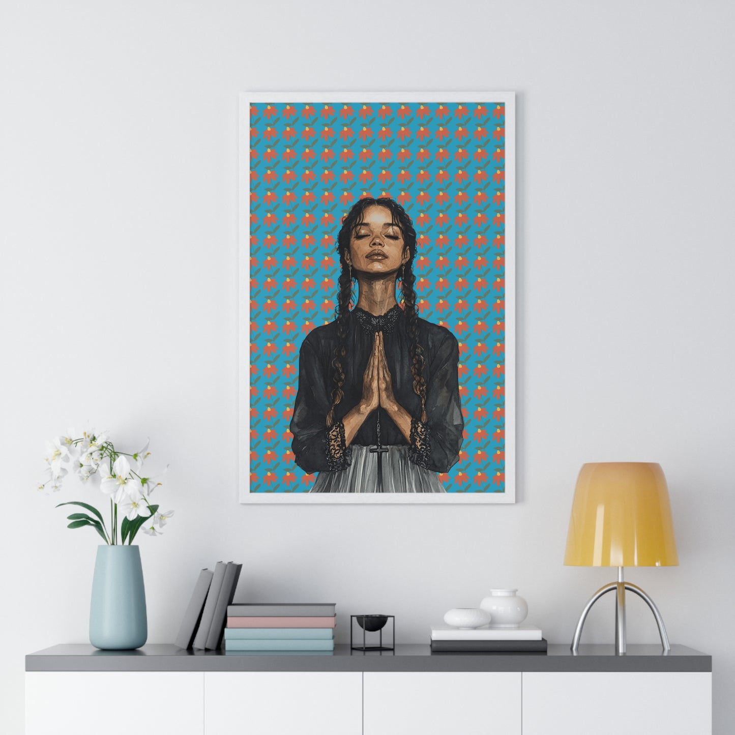 Serene Prayer Vertical Framed Poster, Meditation Art Print, Bohemian Wall Decor, Inspirational Home Decor, Gift for Her