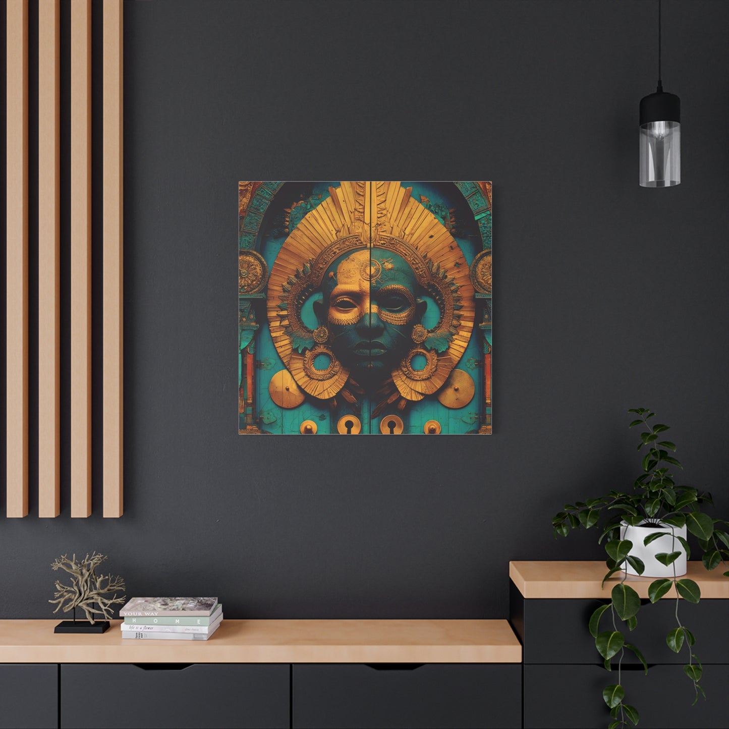 Gold & Teal Tribal Mask Matte Canvas Art — Stretched Wall Decor