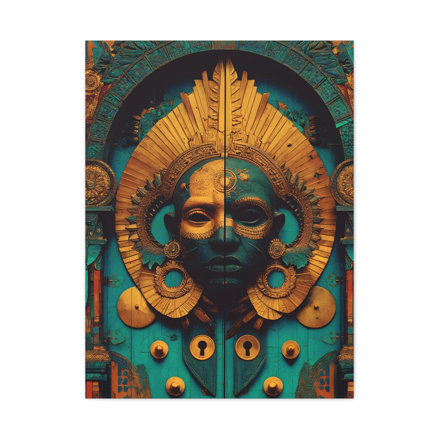 Gold & Teal Tribal Mask Matte Canvas Art — Stretched Wall Decor
