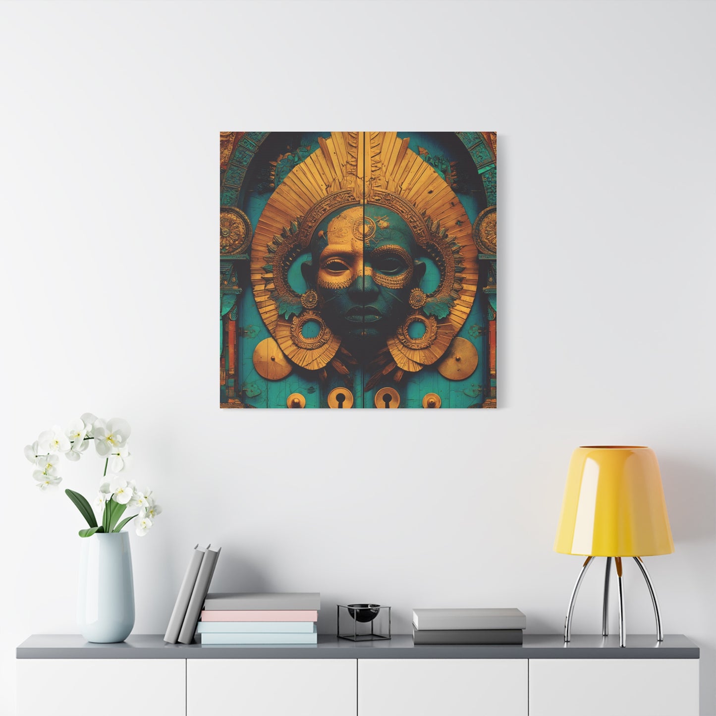 Gold & Teal Tribal Mask Matte Canvas Art — Stretched Wall Decor