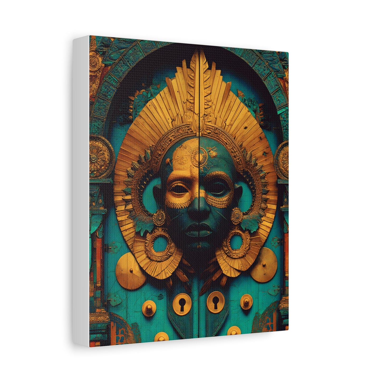 Gold & Teal Tribal Mask Matte Canvas Art — Stretched Wall Decor