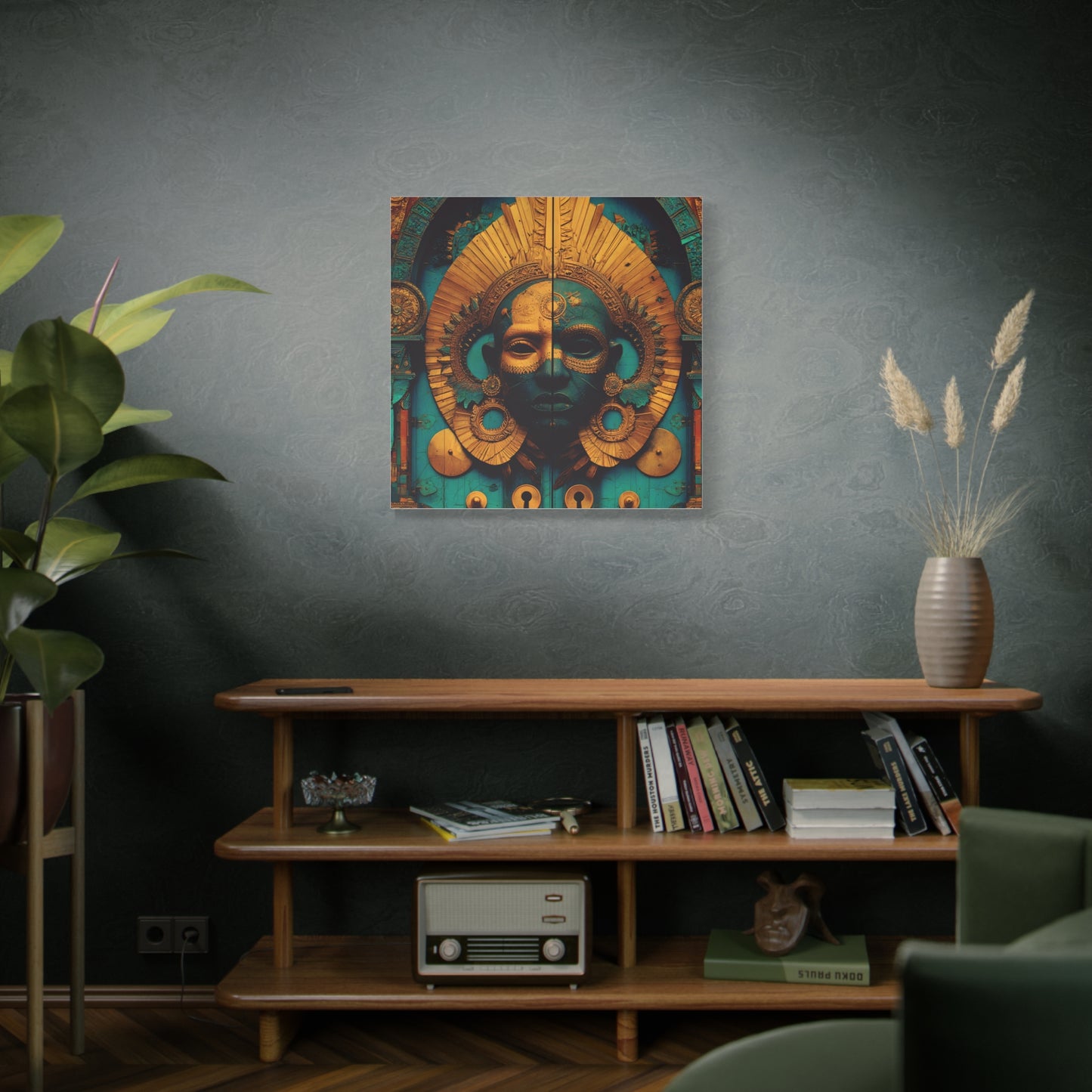 Gold & Teal Tribal Mask Matte Canvas Art — Stretched Wall Decor