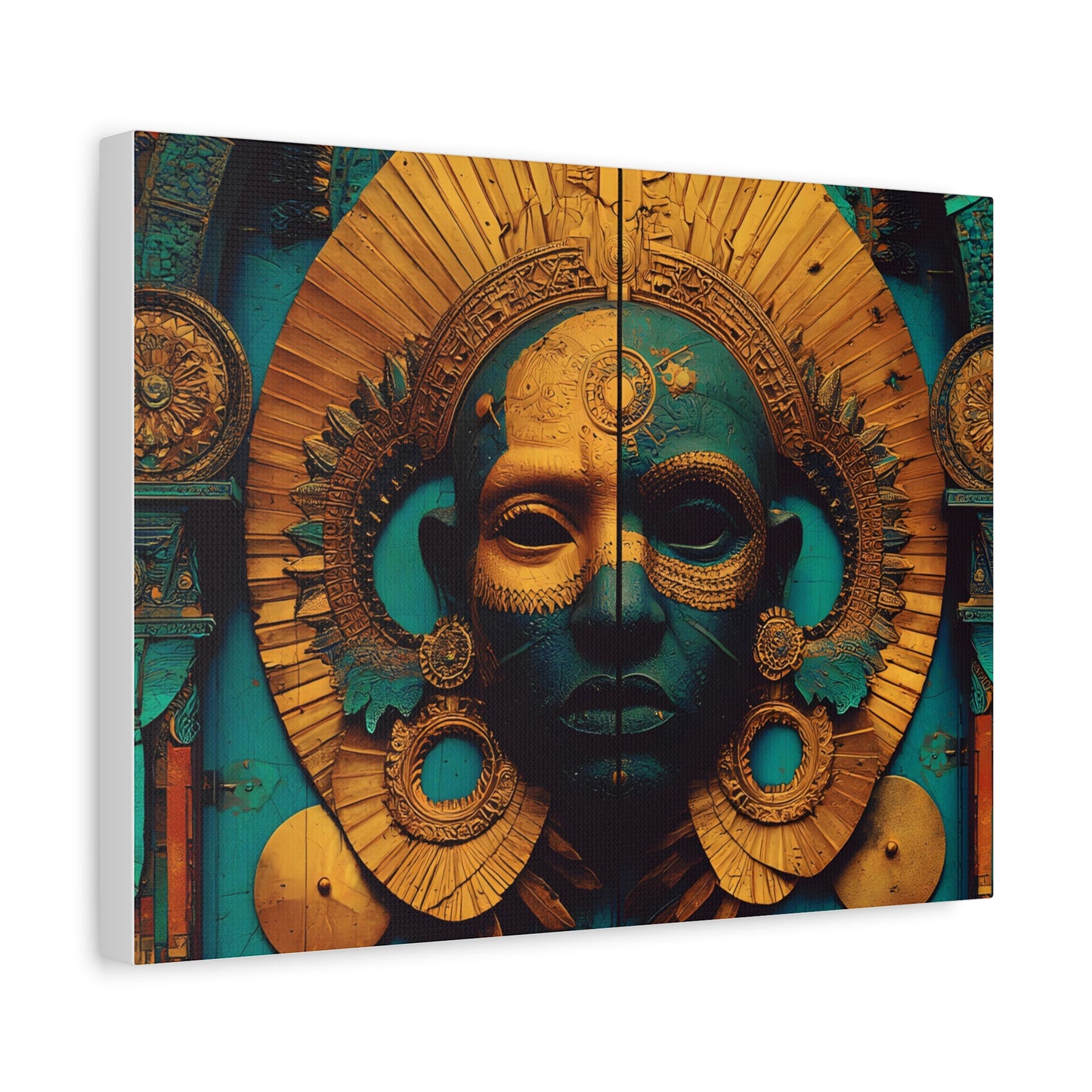 Gold & Teal Tribal Mask Matte Canvas Art — Stretched Wall Decor