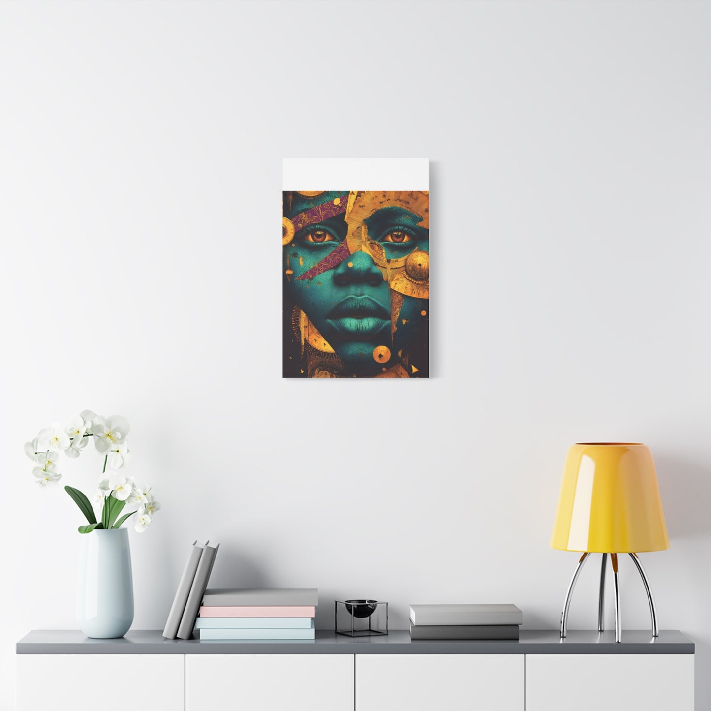 Afro-Futurist Portrait Matte Stretched Canvas — Teal & Gold Face Wall Art