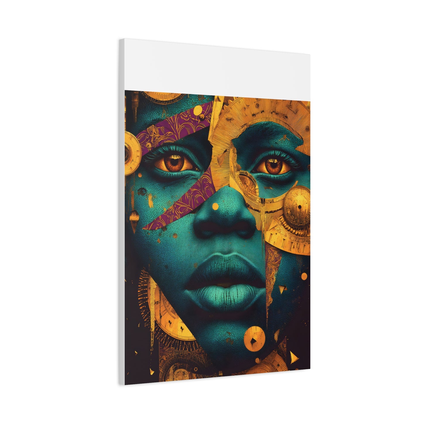 Afro-Futurist Portrait Matte Stretched Canvas — Teal & Gold Face Wall Art