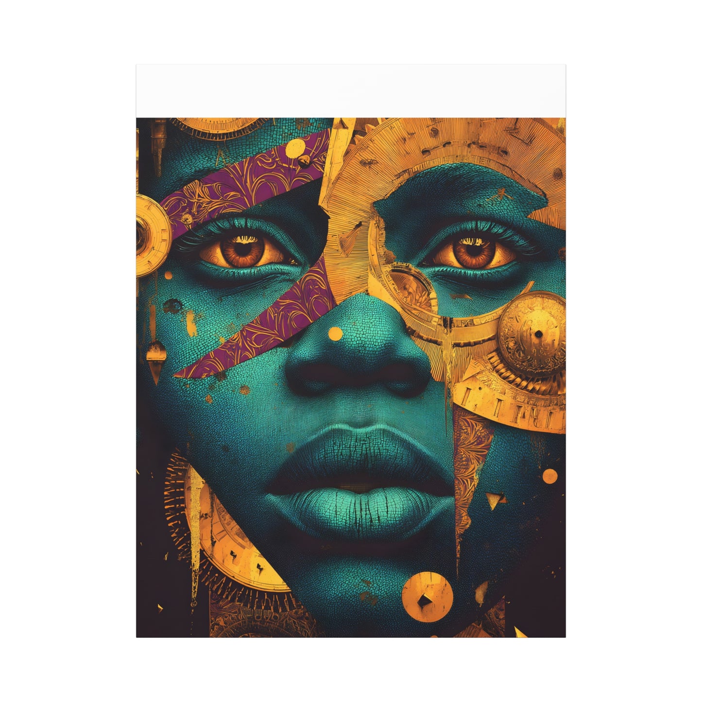 Afro-Futurist Portrait Matte Stretched Canvas — Teal & Gold Face Wall Art