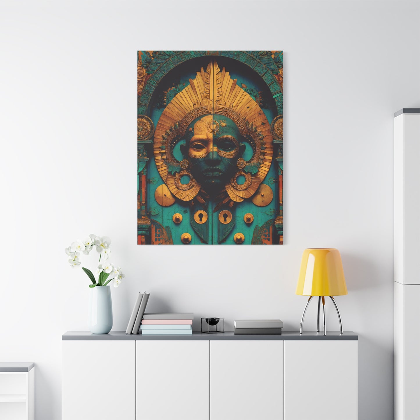 Gold & Teal Tribal Mask Matte Canvas Art — Stretched Wall Decor