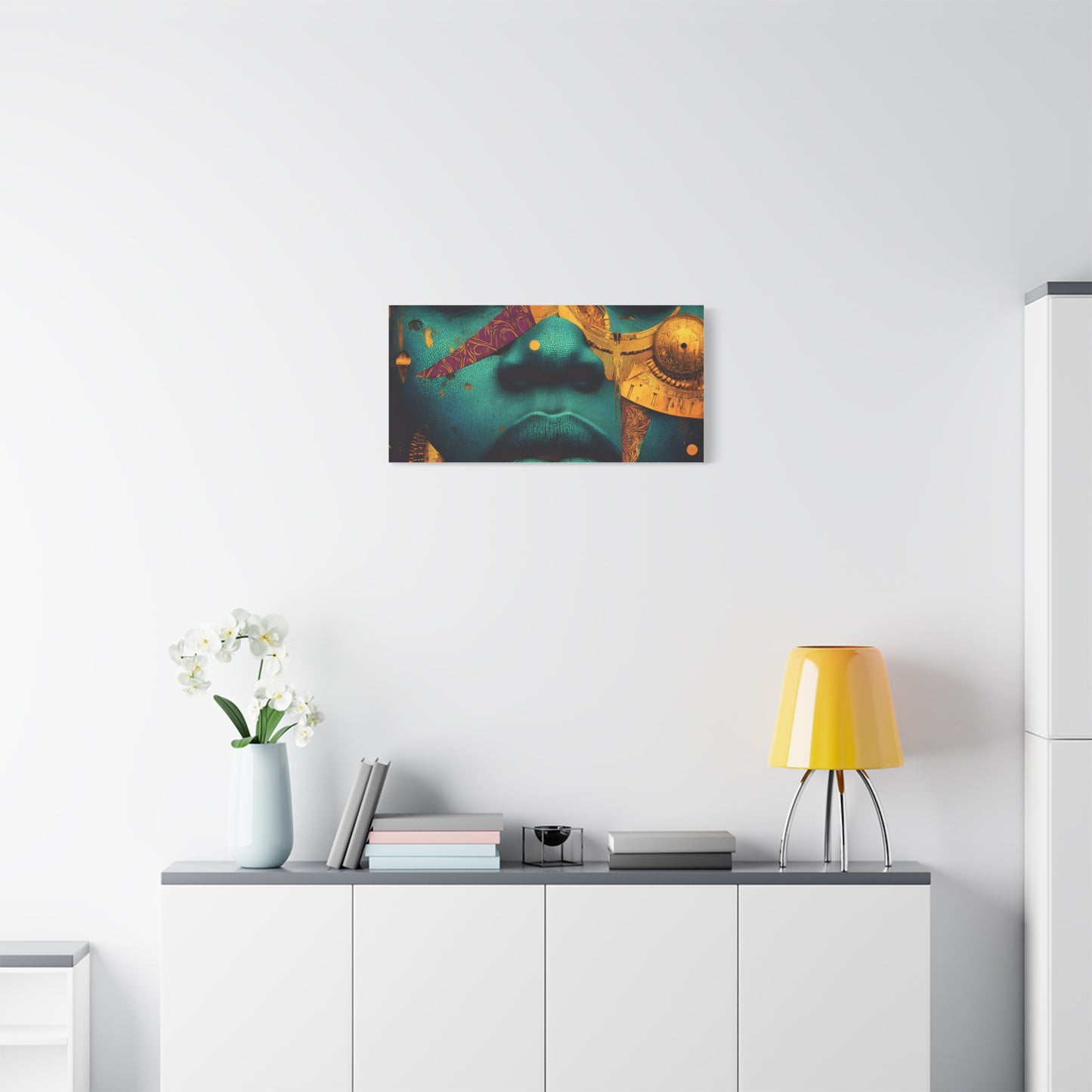Afro-Futurist Portrait Matte Stretched Canvas — Teal & Gold Face Wall Art