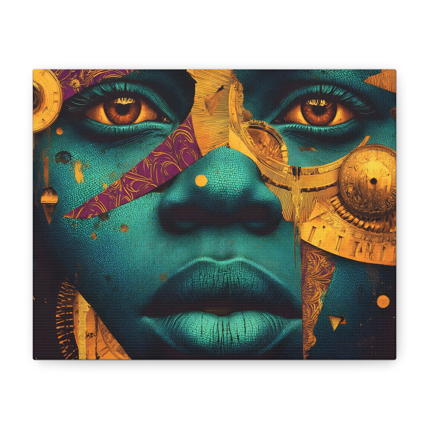 Afro-Futurist Portrait Matte Stretched Canvas — Teal & Gold Face Wall Art