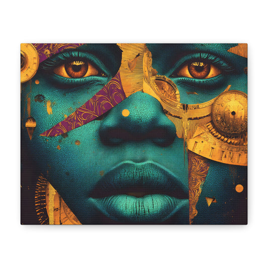 Afro-Futurist Portrait Matte Stretched Canvas — Teal & Gold Face Wall Art