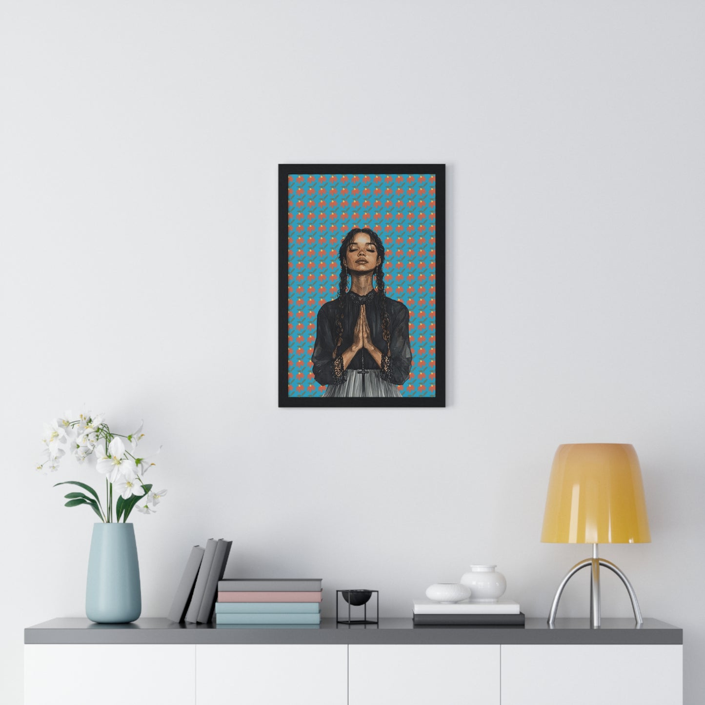 Serene Prayer Vertical Framed Poster, Meditation Art Print, Bohemian Wall Decor, Inspirational Home Decor, Gift for Her