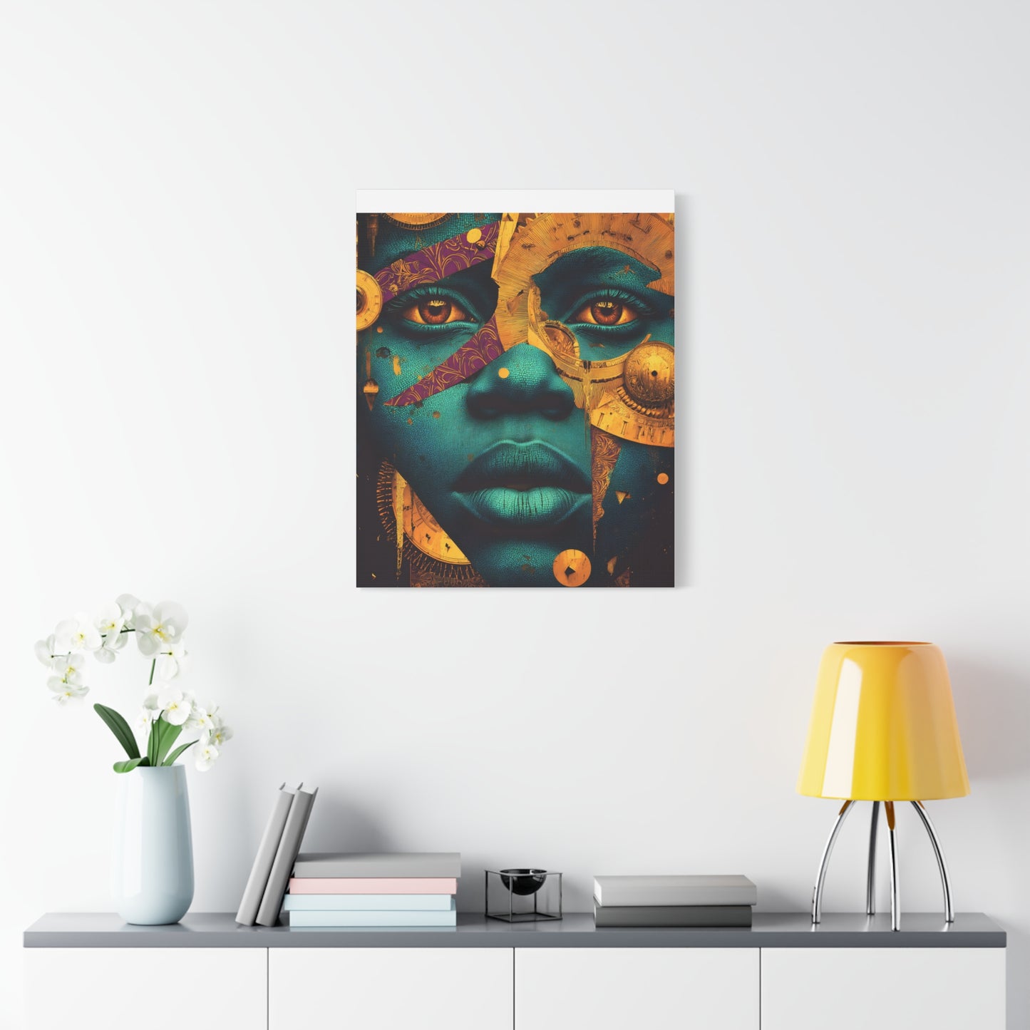 Afro-Futurist Portrait Matte Stretched Canvas — Teal & Gold Face Wall Art