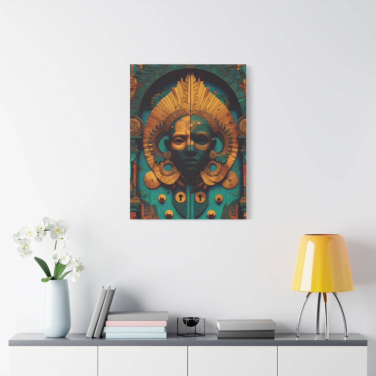 Gold & Teal Tribal Mask Matte Canvas Art — Stretched Wall Decor