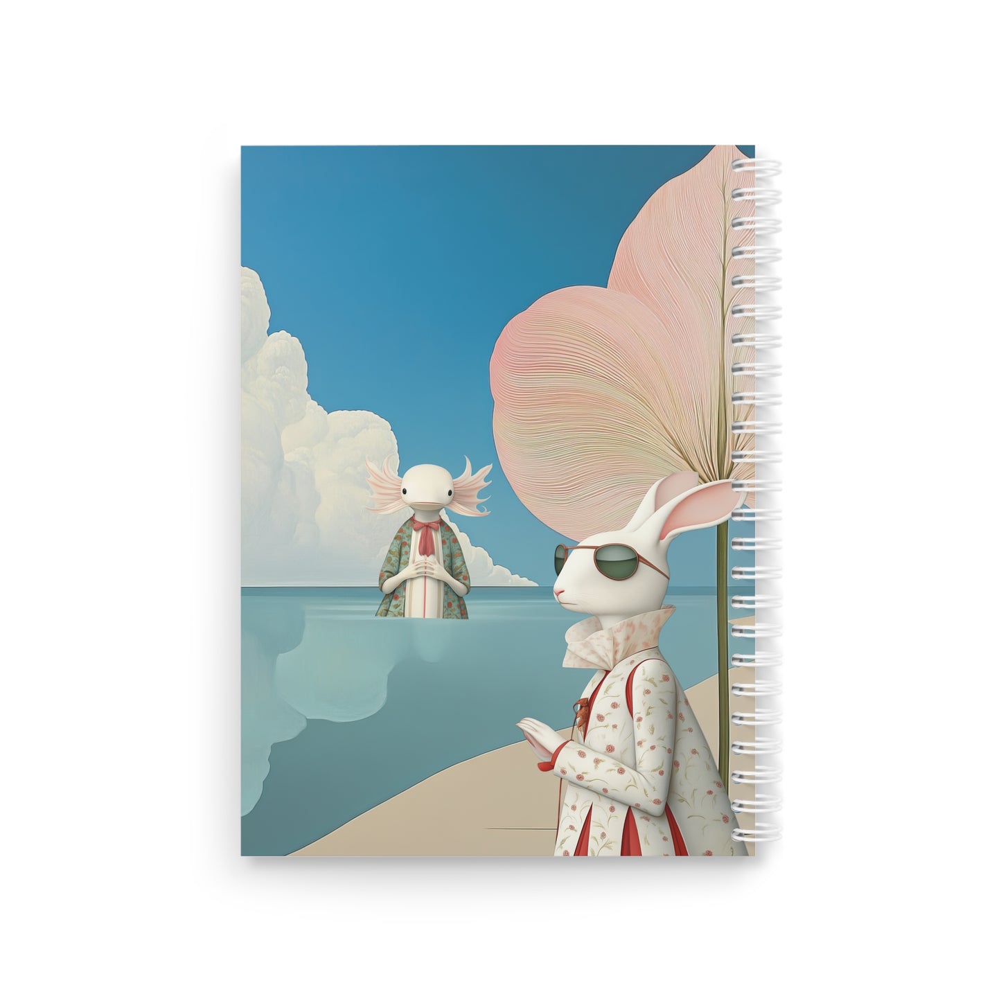 Whimsical Bunny & Axolotl Beach Spiral Notebook — Cute Surreal Journal for Kids & Teens