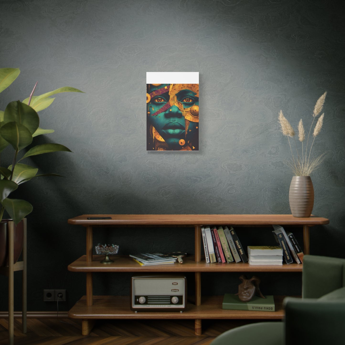 Afro-Futurist Portrait Matte Stretched Canvas — Teal & Gold Face Wall Art