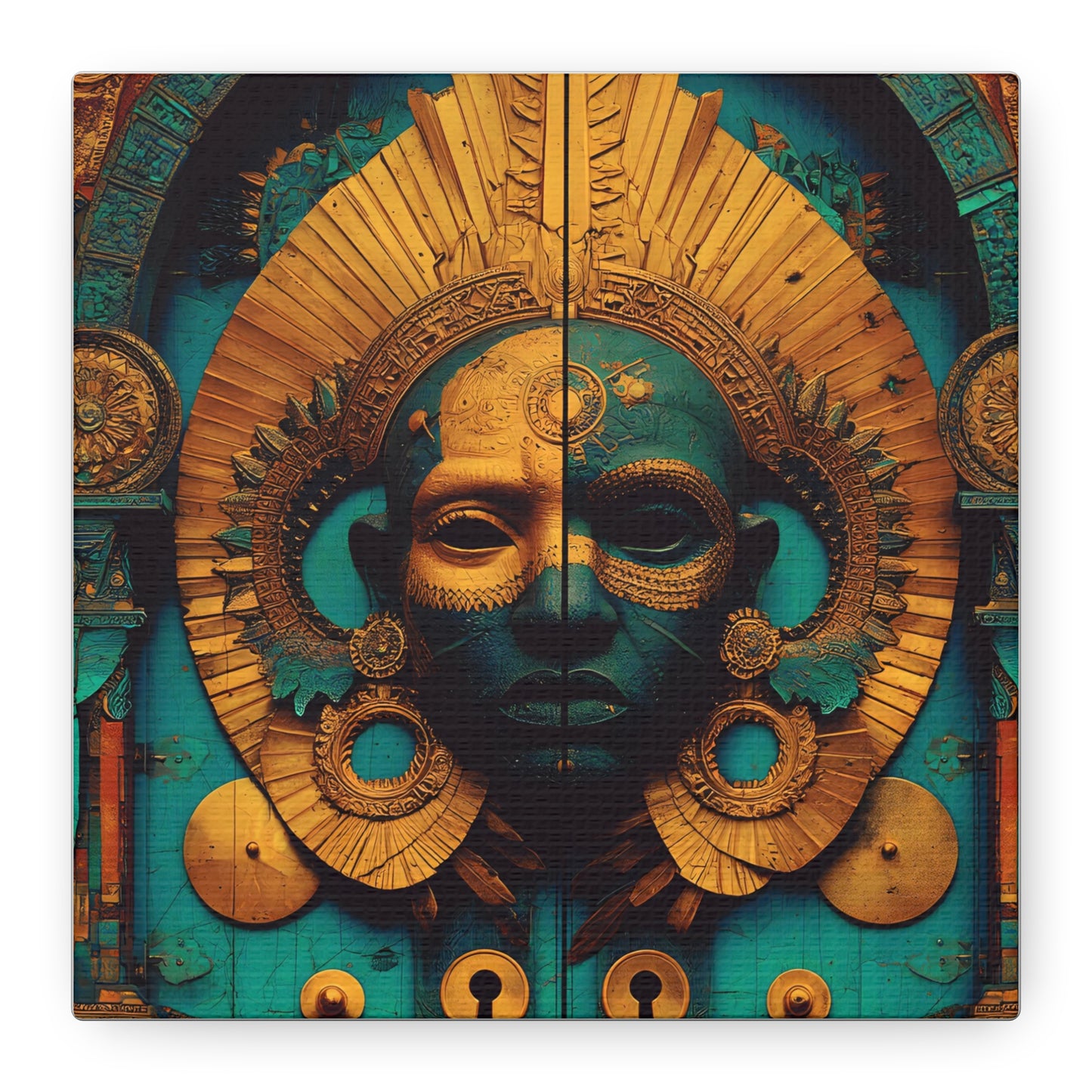 Gold & Teal Tribal Mask Matte Canvas Art — Stretched Wall Decor