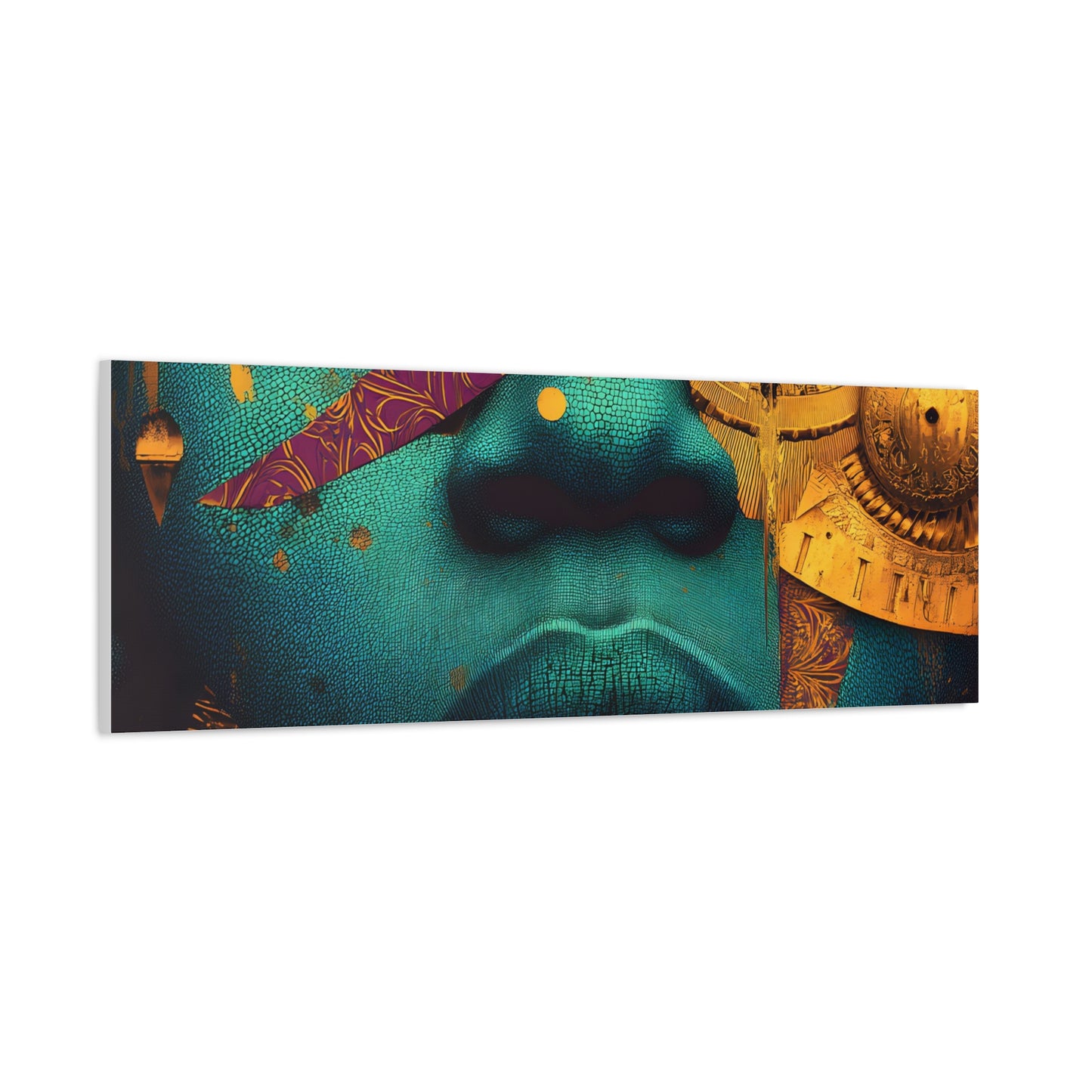 Afro-Futurist Portrait Matte Stretched Canvas — Teal & Gold Face Wall Art