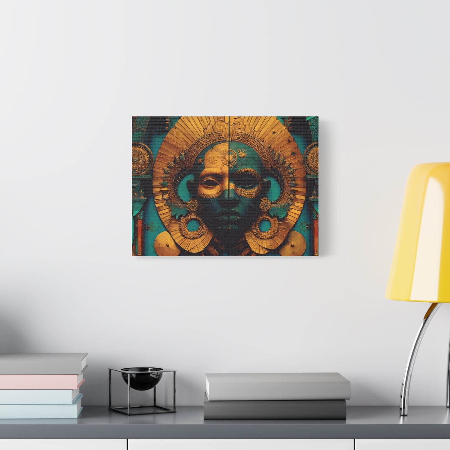 Gold & Teal Tribal Mask Matte Canvas Art — Stretched Wall Decor
