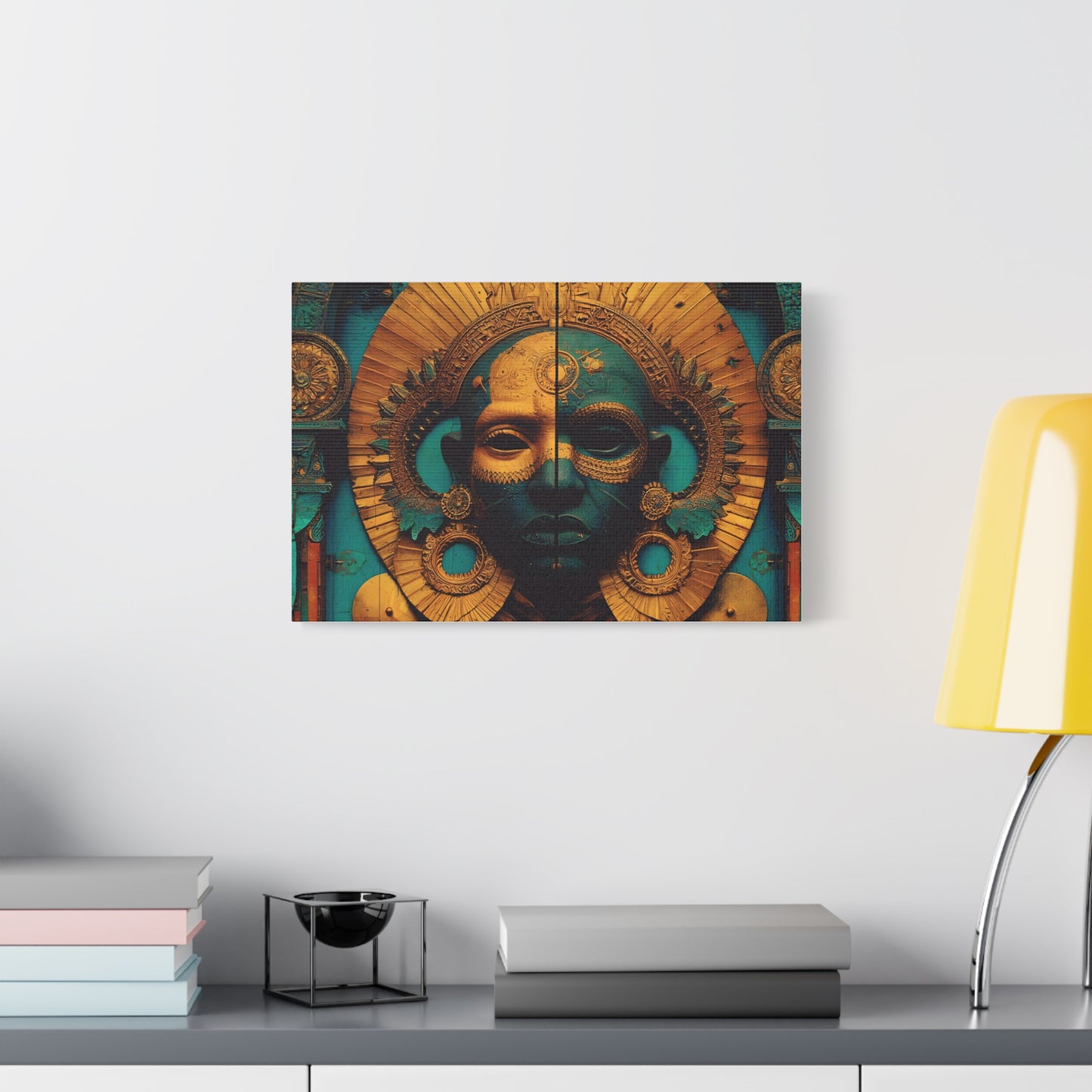 Gold & Teal Tribal Mask Matte Canvas Art — Stretched Wall Decor