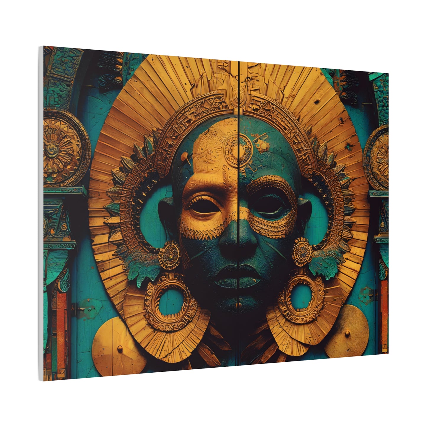 Gold & Teal Tribal Mask Matte Canvas Art — Stretched Wall Decor