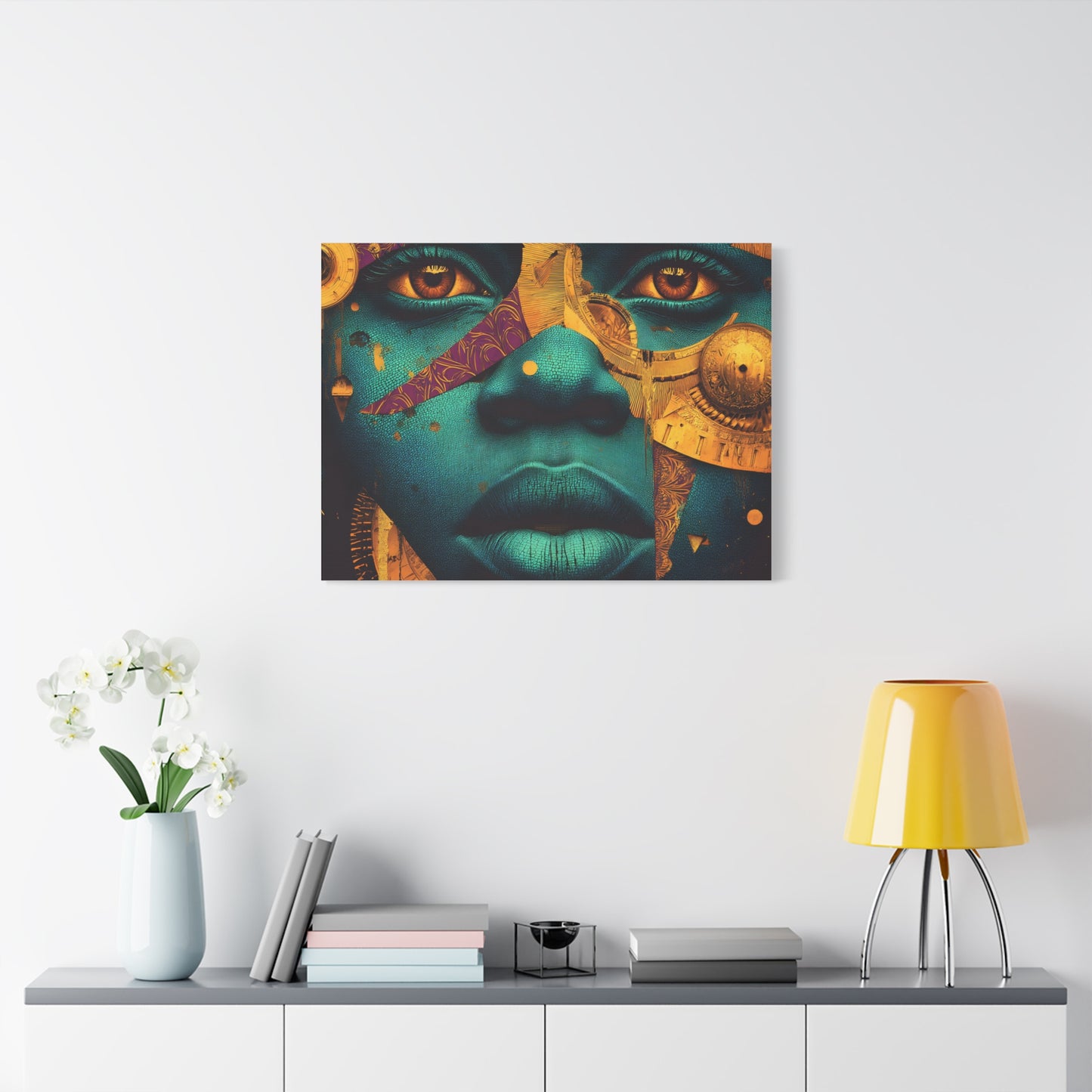 Afro-Futurist Portrait Matte Stretched Canvas — Teal & Gold Face Wall Art