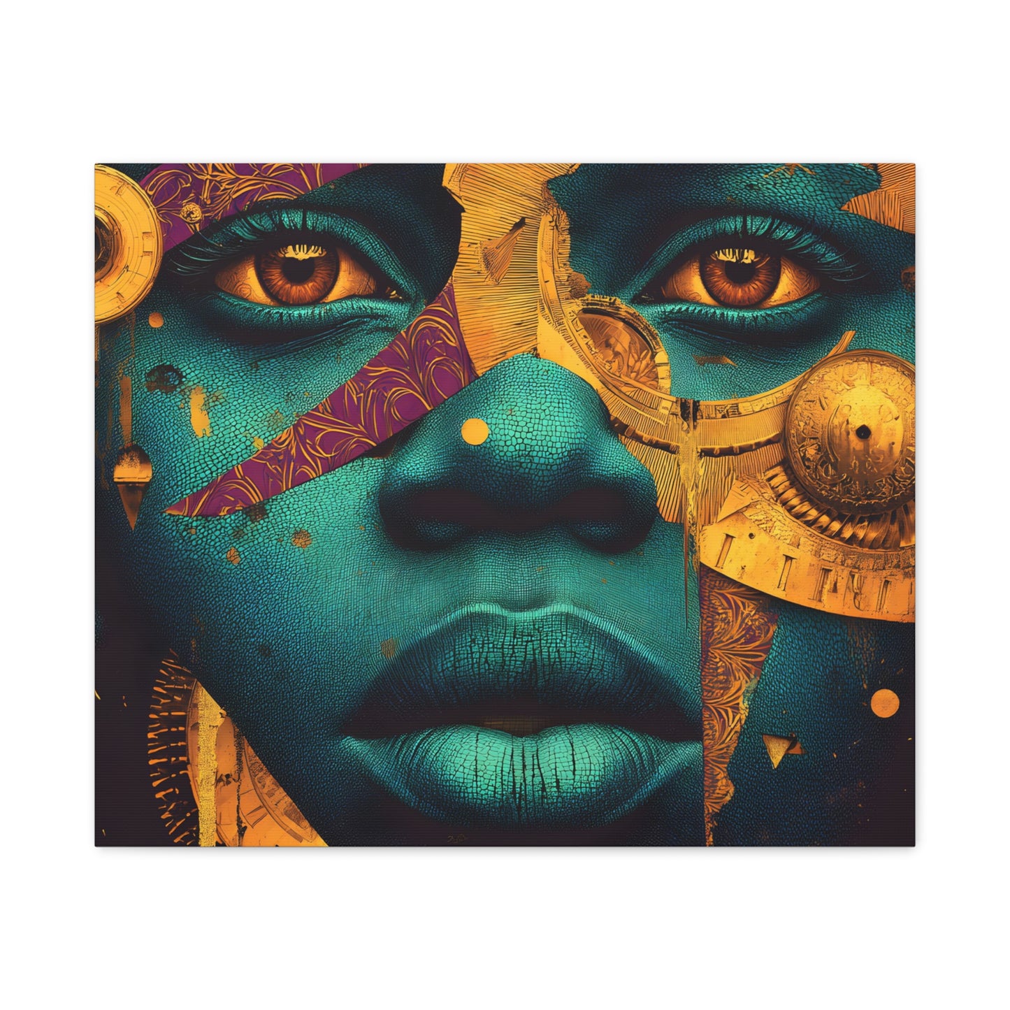 Afro-Futurist Portrait Matte Stretched Canvas — Teal & Gold Face Wall Art