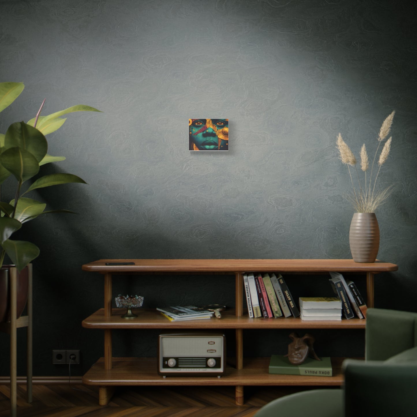 Afro-Futurist Portrait Matte Stretched Canvas — Teal & Gold Face Wall Art