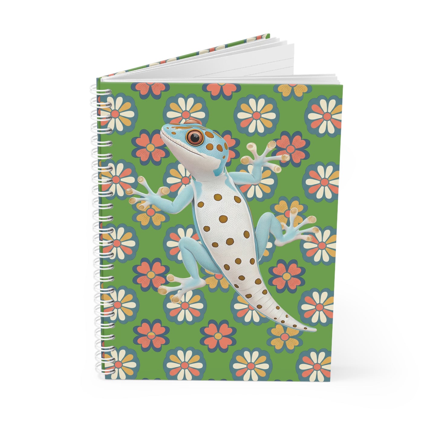 Gecko Floral Spiral Notebook — Cute Blue Gecko on Retro Daisy Pattern