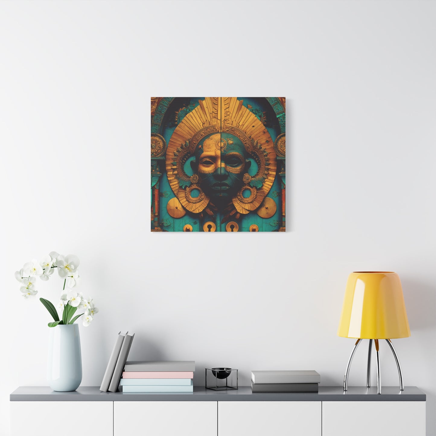 Gold & Teal Tribal Mask Matte Canvas Art — Stretched Wall Decor
