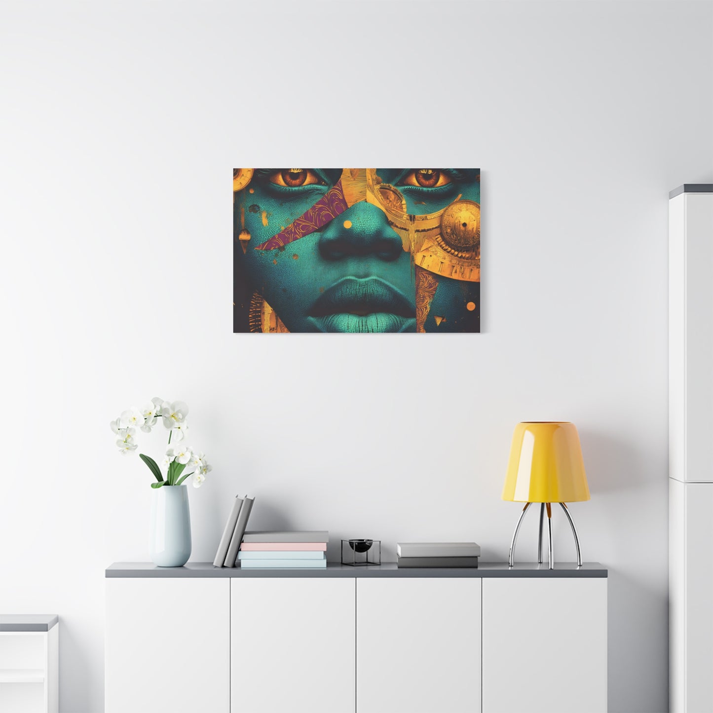 Afro-Futurist Portrait Matte Stretched Canvas — Teal & Gold Face Wall Art