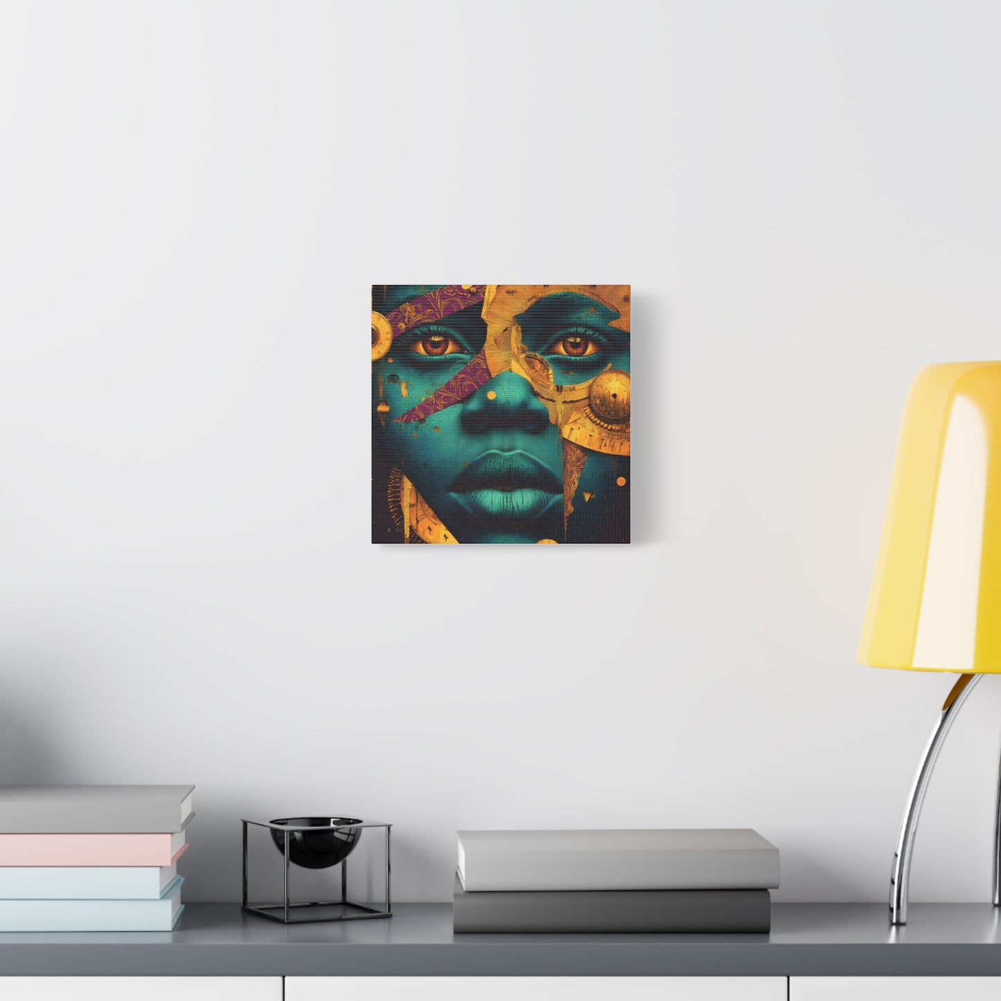Afro-Futurist Portrait Matte Stretched Canvas — Teal & Gold Face Wall Art