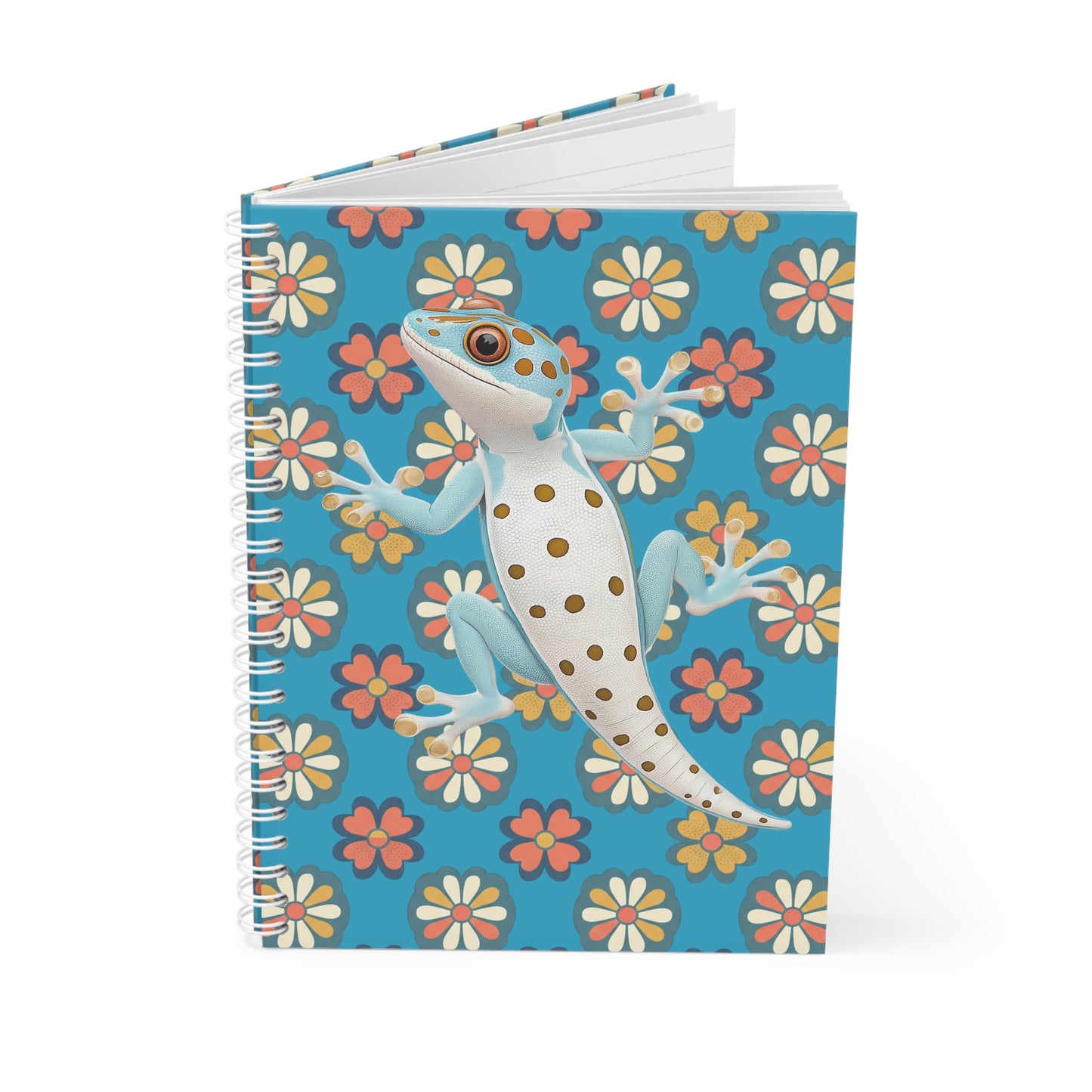 Gecko Floral Spiral Notebook — Cute Blue Gecko on Retro Daisy Pattern