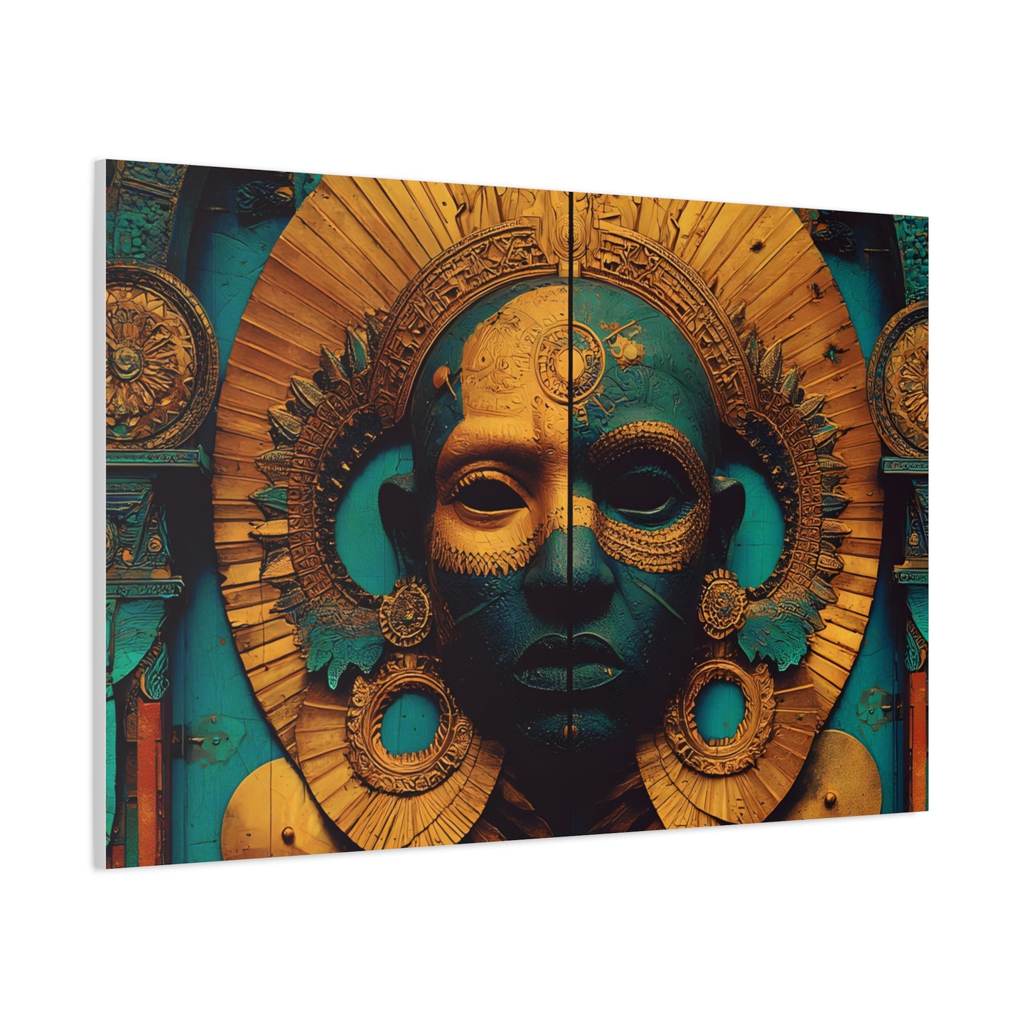 Gold & Teal Tribal Mask Matte Canvas Art — Stretched Wall Decor