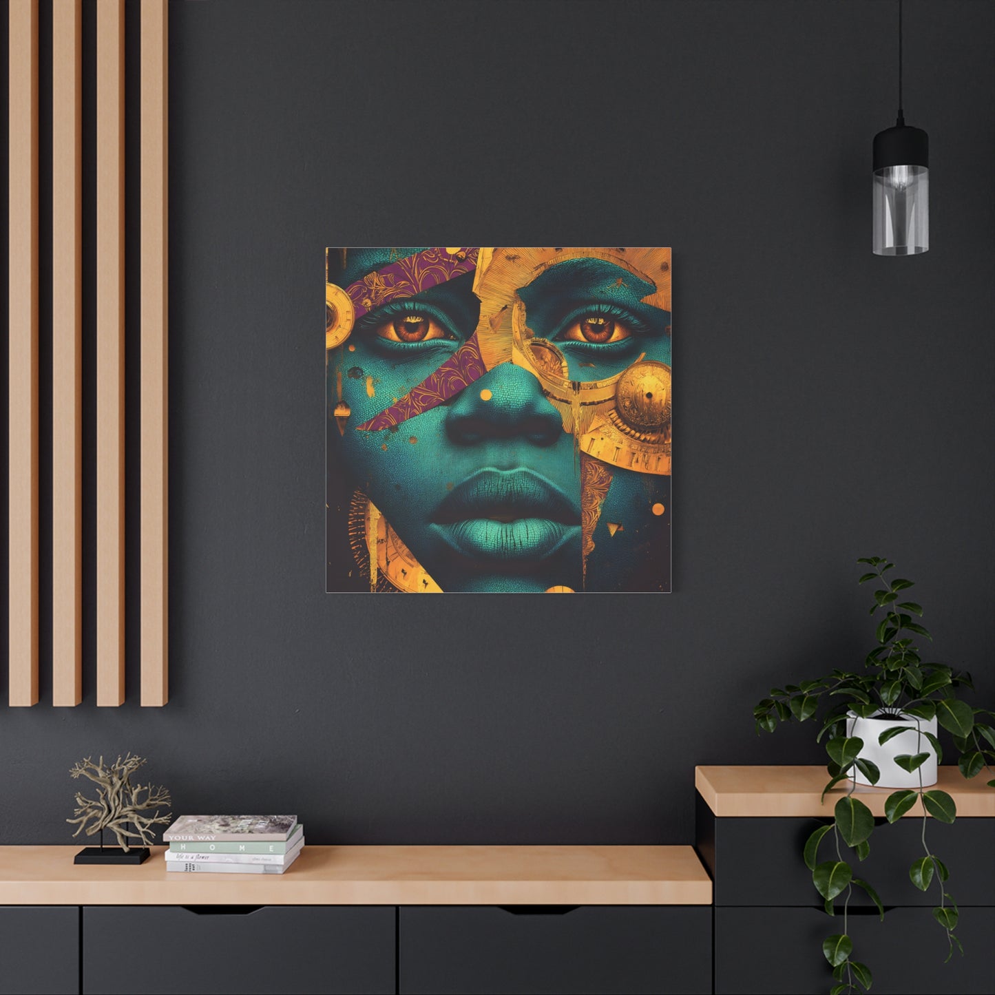 Afro-Futurist Portrait Matte Stretched Canvas — Teal & Gold Face Wall Art
