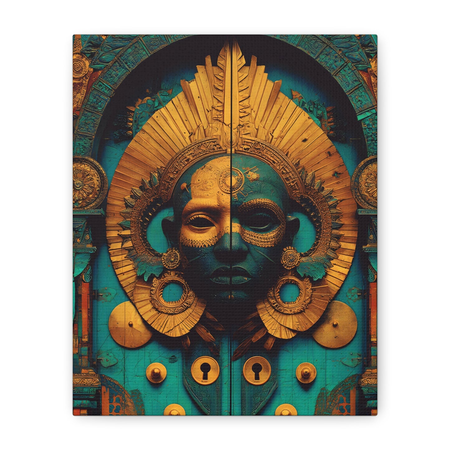 Gold & Teal Tribal Mask Matte Canvas Art — Stretched Wall Decor