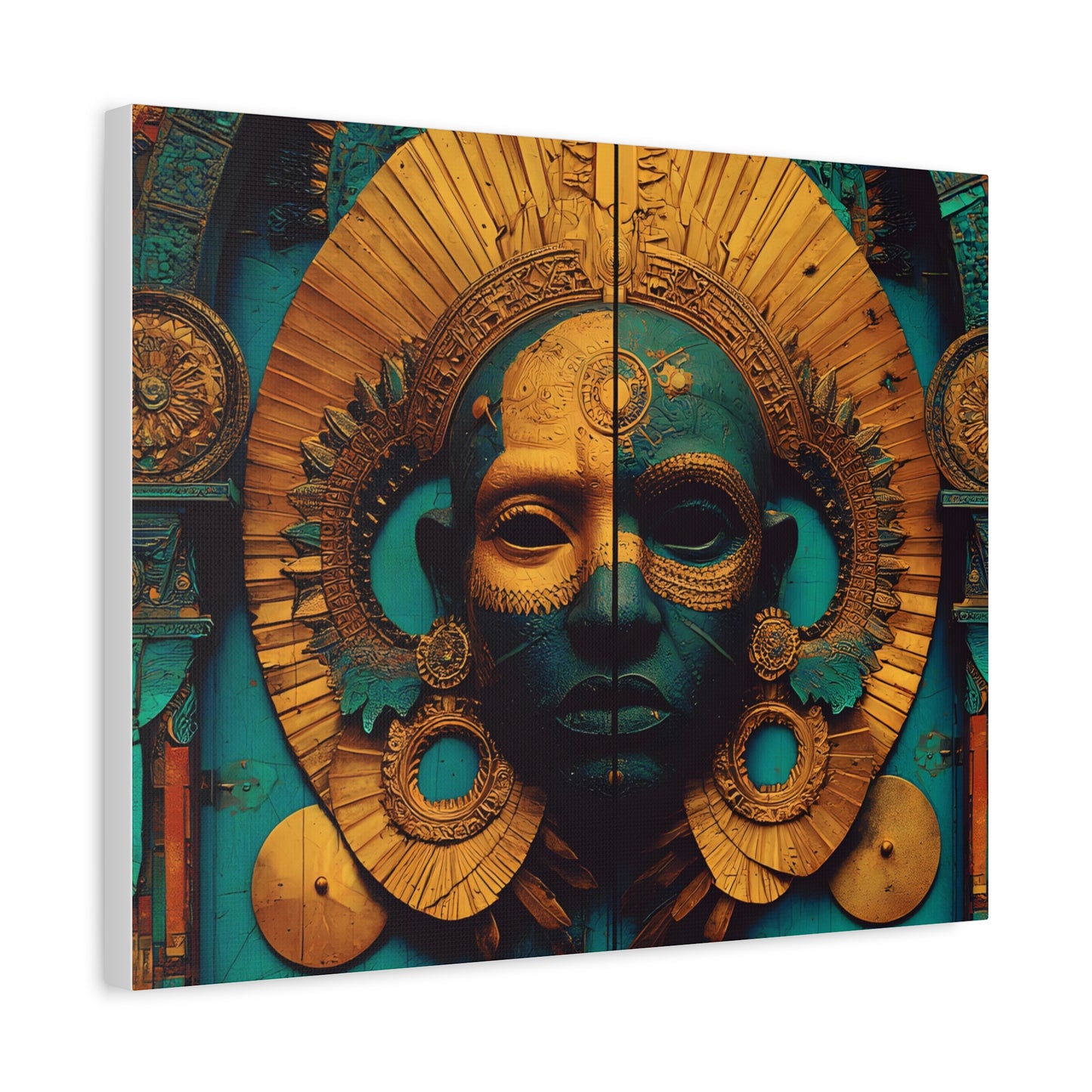 Gold & Teal Tribal Mask Matte Canvas Art — Stretched Wall Decor