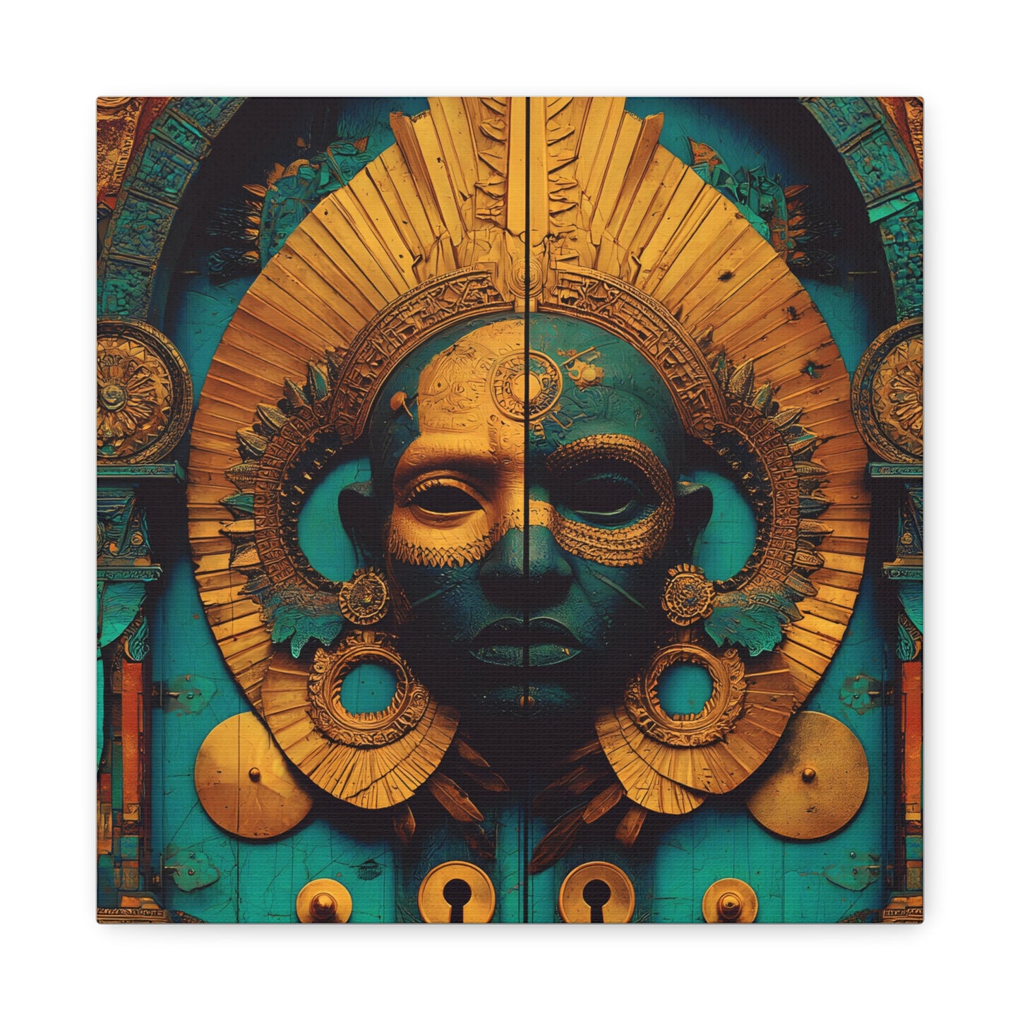 Gold & Teal Tribal Mask Matte Canvas Art — Stretched Wall Decor