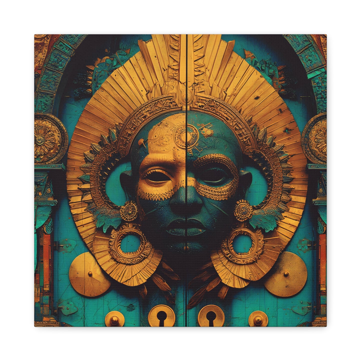 Gold & Teal Tribal Mask Matte Canvas Art — Stretched Wall Decor