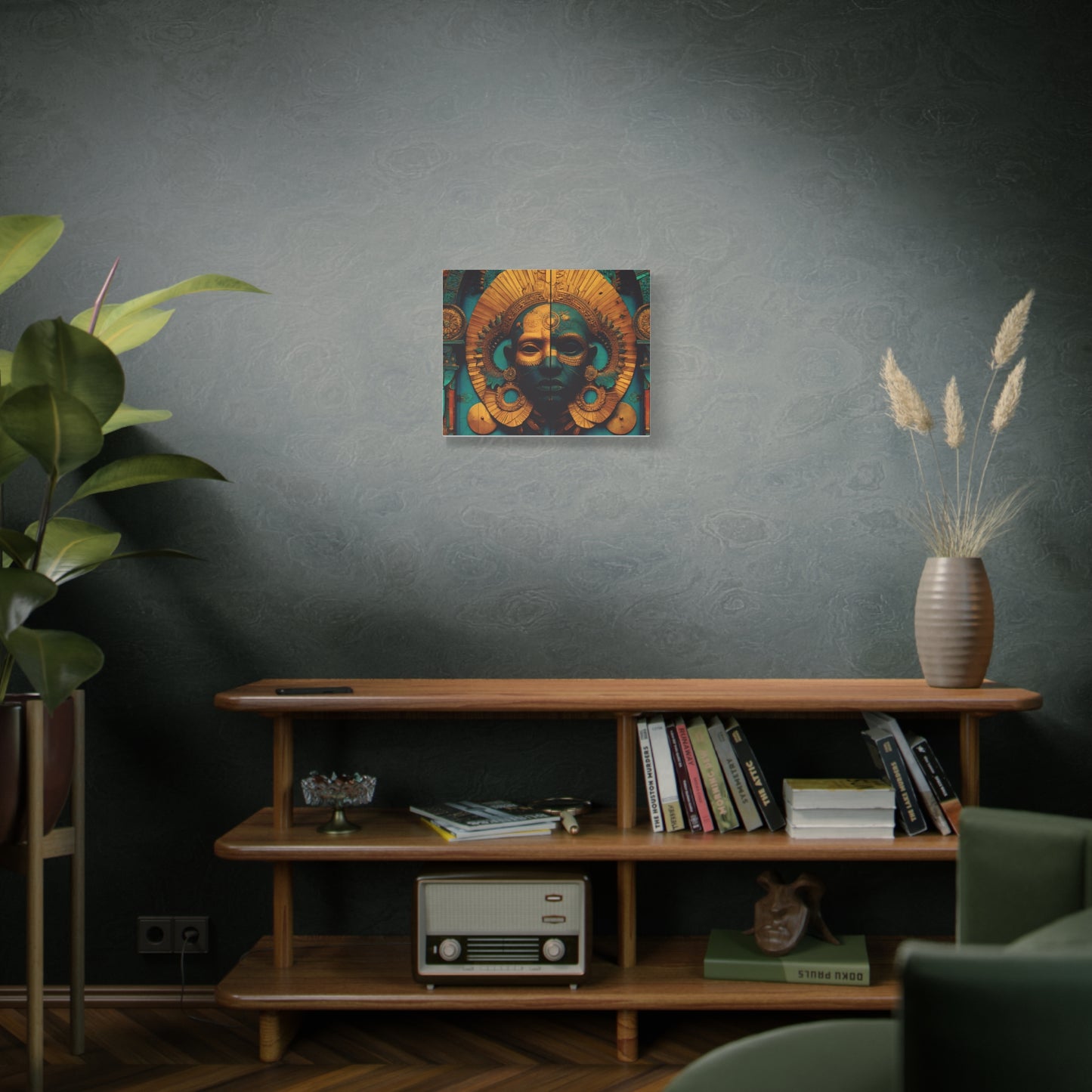 Gold & Teal Tribal Mask Matte Canvas Art — Stretched Wall Decor