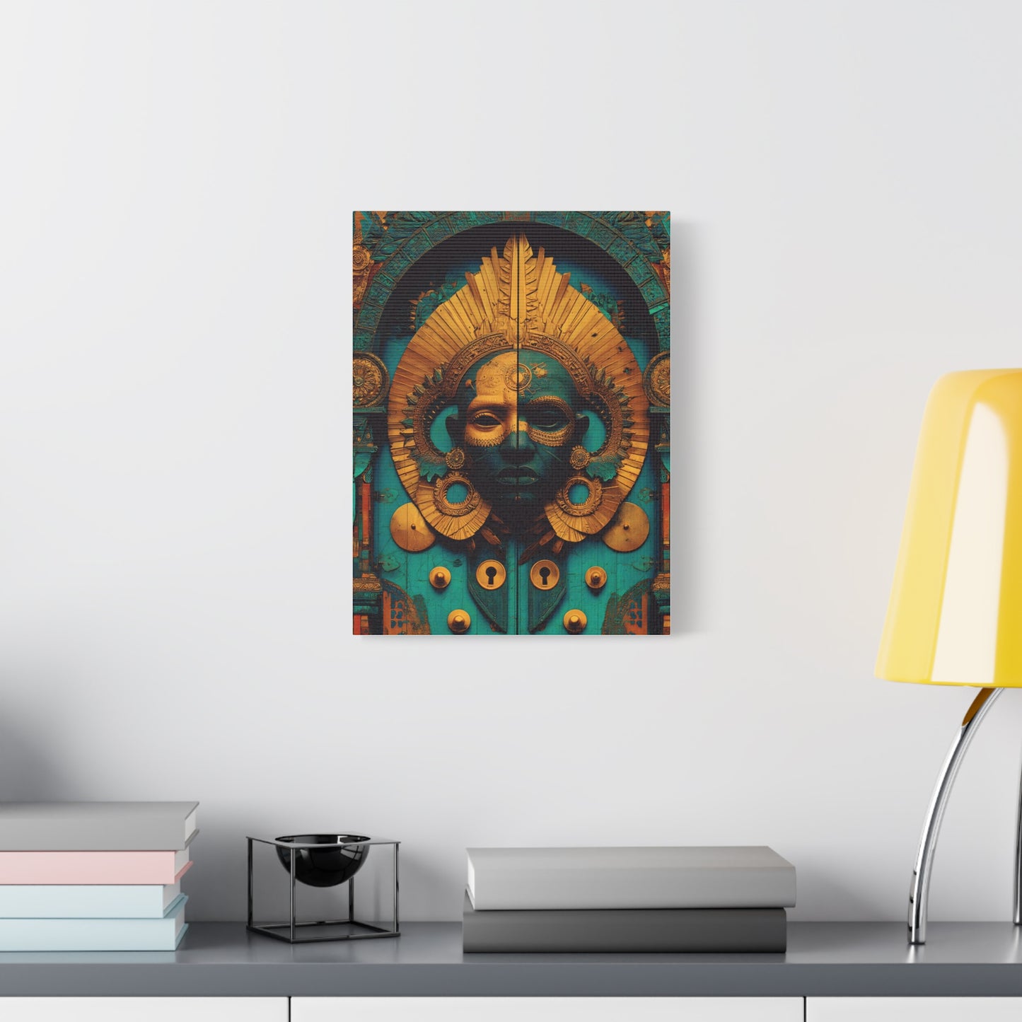 Gold & Teal Tribal Mask Matte Canvas Art — Stretched Wall Decor
