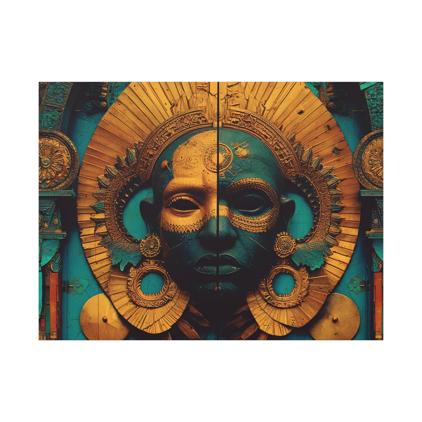 Gold & Teal Tribal Mask Matte Canvas Art — Stretched Wall Decor