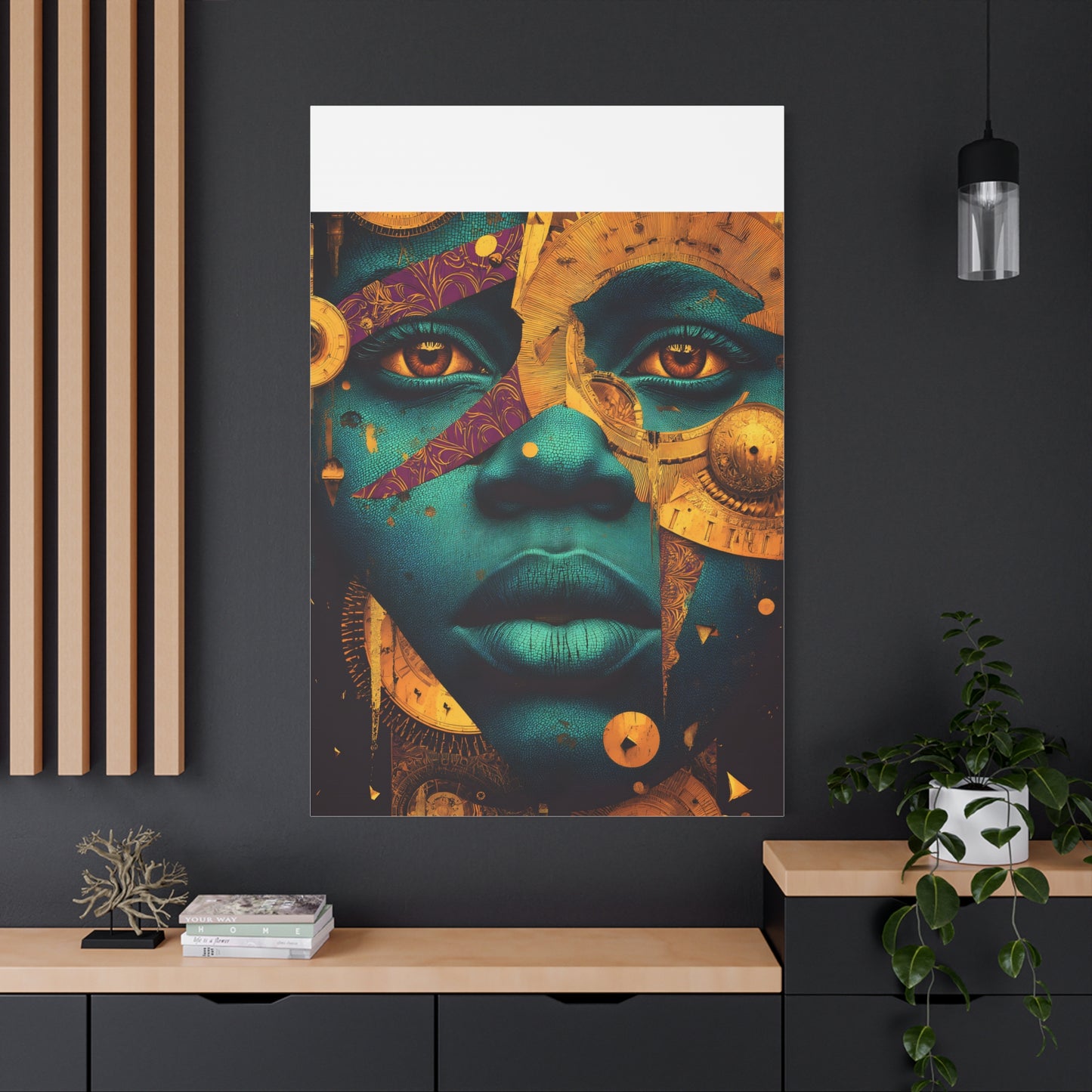 Afro-Futurist Portrait Matte Stretched Canvas — Teal & Gold Face Wall Art