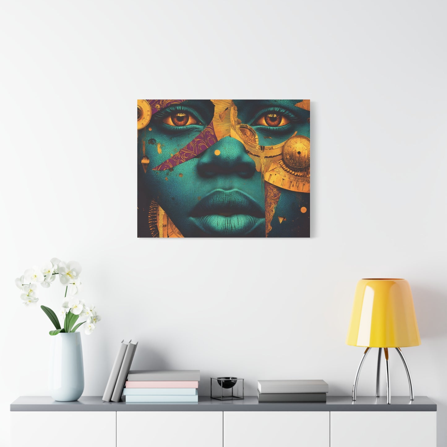 Afro-Futurist Portrait Matte Stretched Canvas — Teal & Gold Face Wall Art