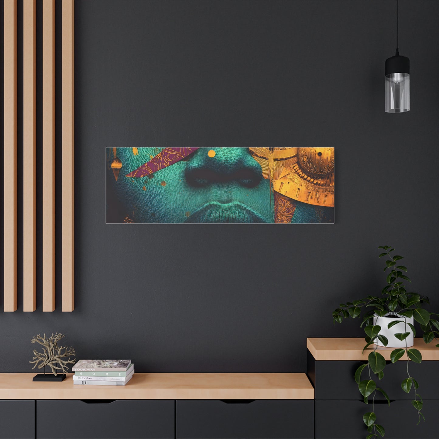Afro-Futurist Portrait Matte Stretched Canvas — Teal & Gold Face Wall Art