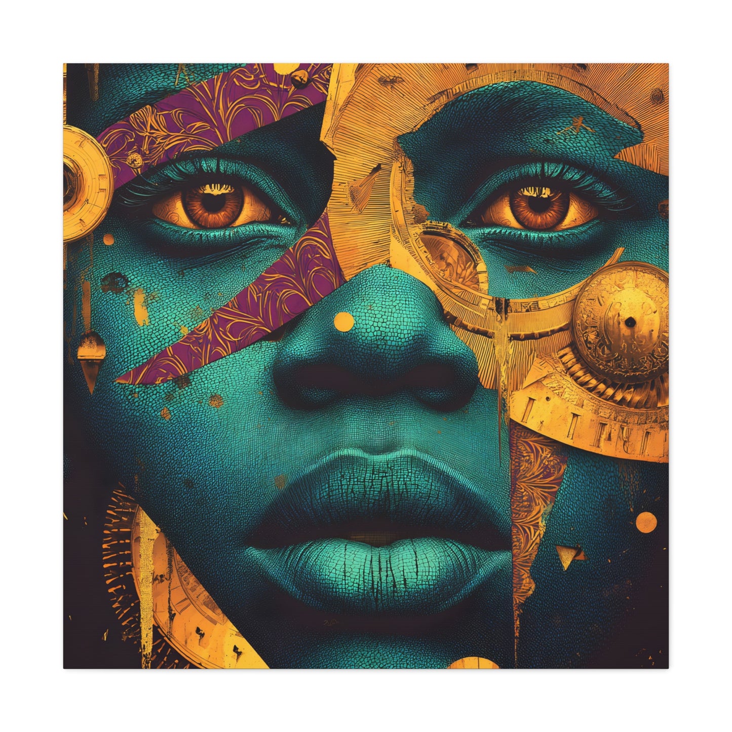 Afro-Futurist Portrait Matte Stretched Canvas — Teal & Gold Face Wall Art