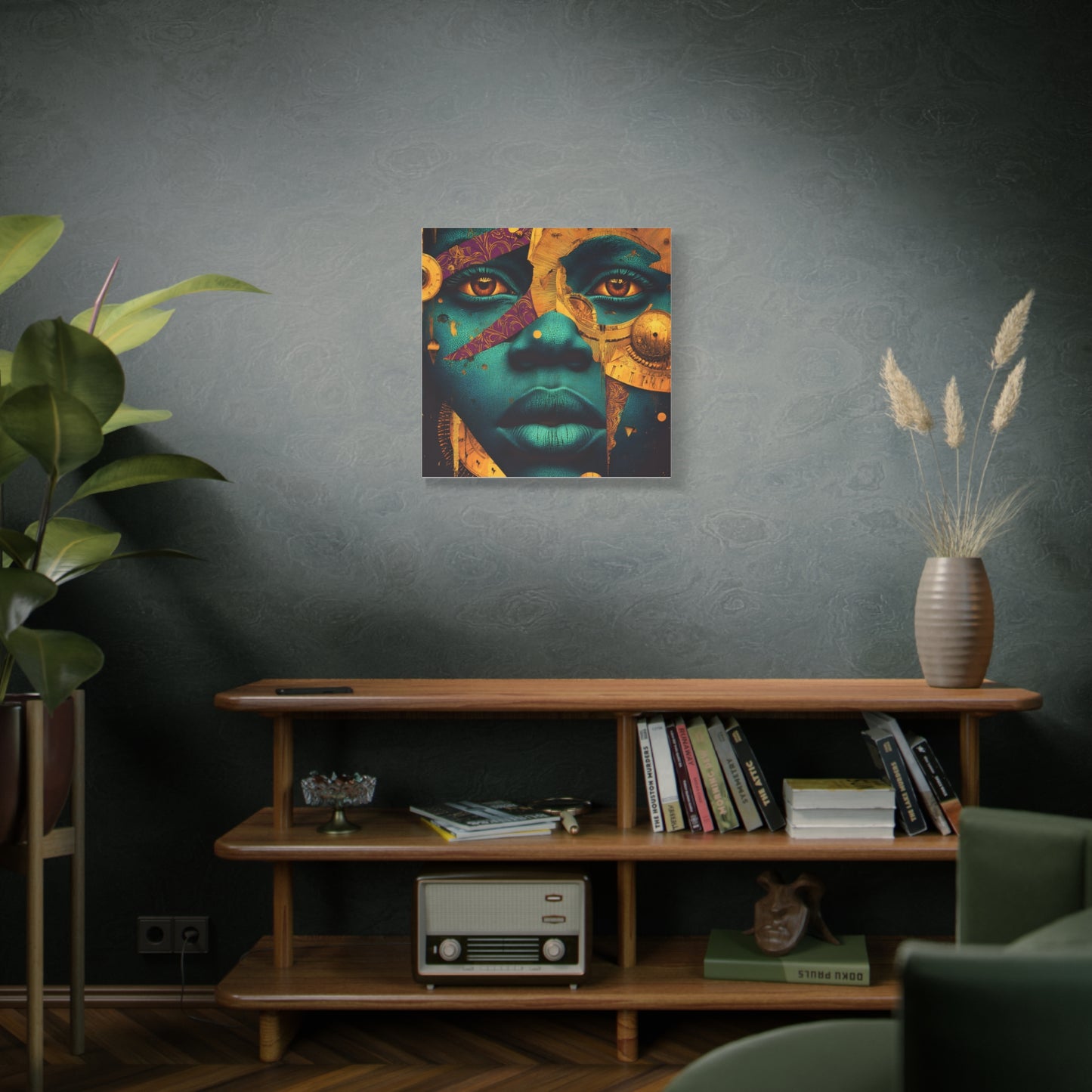 Afro-Futurist Portrait Matte Stretched Canvas — Teal & Gold Face Wall Art