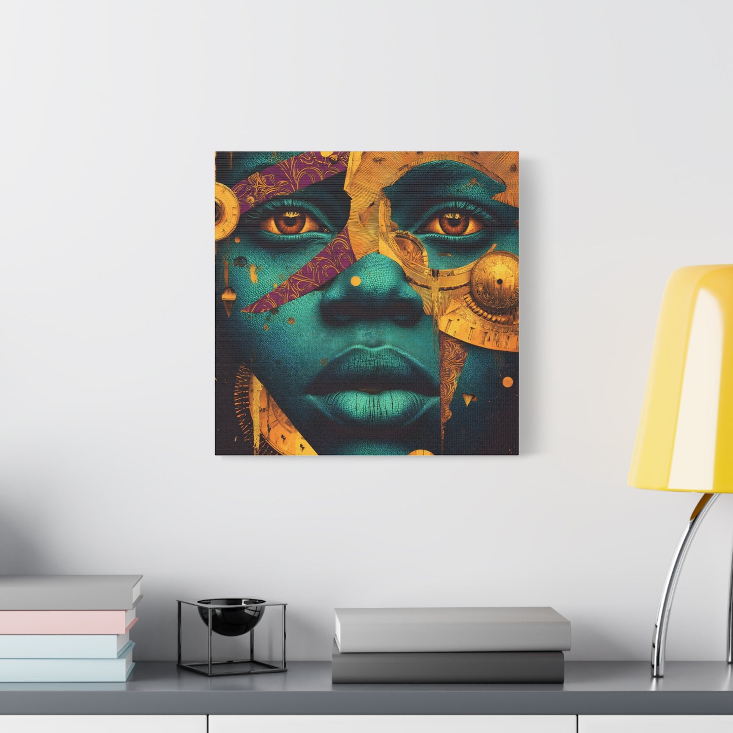 Afro-Futurist Portrait Matte Stretched Canvas — Teal & Gold Face Wall Art