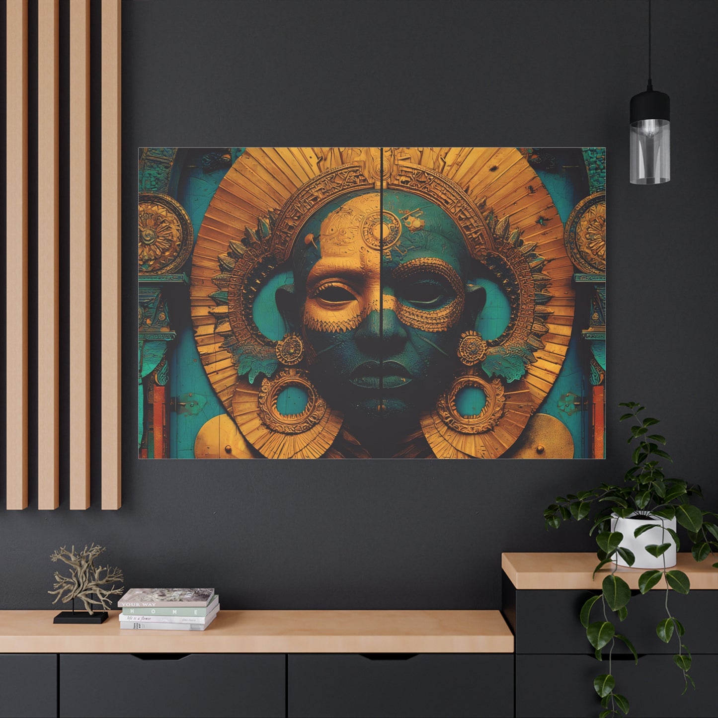 Gold & Teal Tribal Mask Matte Canvas Art — Stretched Wall Decor