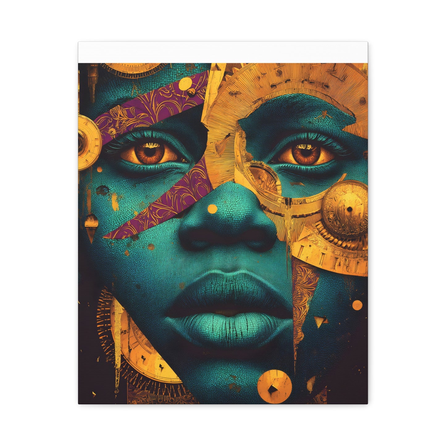 Afro-Futurist Portrait Matte Stretched Canvas — Teal & Gold Face Wall Art