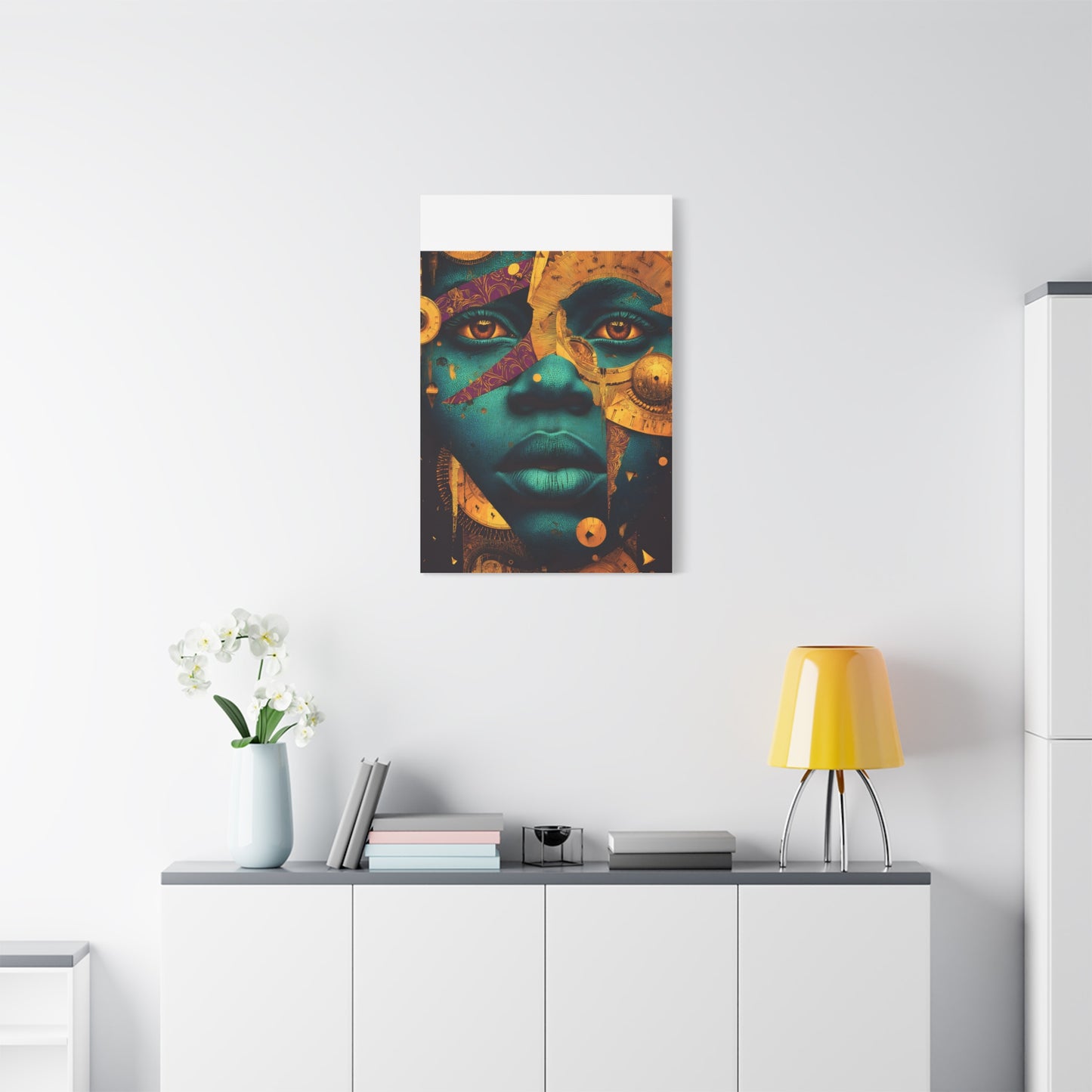 Afro-Futurist Portrait Matte Stretched Canvas — Teal & Gold Face Wall Art